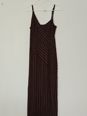 BCBG MaxAzria Rust Brown Striped Maxi Dress Asymetrical Spaghetti Strap Small